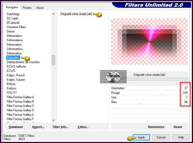 Effecten - Insteekfilters - <I.C.NET Software> - Filters Unlimited 2.0 - Dégradés - Dégradés cône simple (ab)