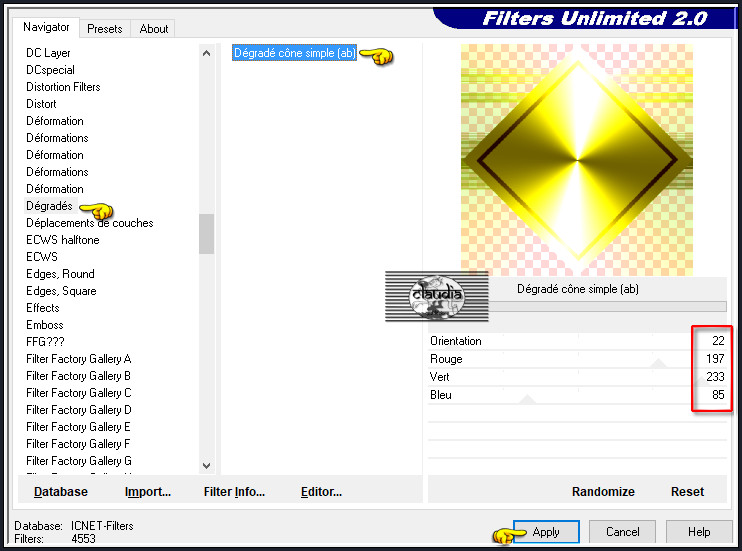 Effecten - Insteekfilters - <I.C.NET Software> - Filters Unlimited 2.0 - Dégradés - Dégradé cône simple (ab)