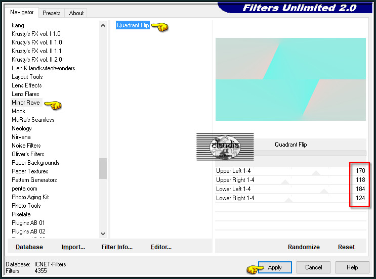 Effecten - Insteekfilters - <I.C.NET Software> - Filters Unlimited 2.0 - Mirror Rave - Quadrant Flip 