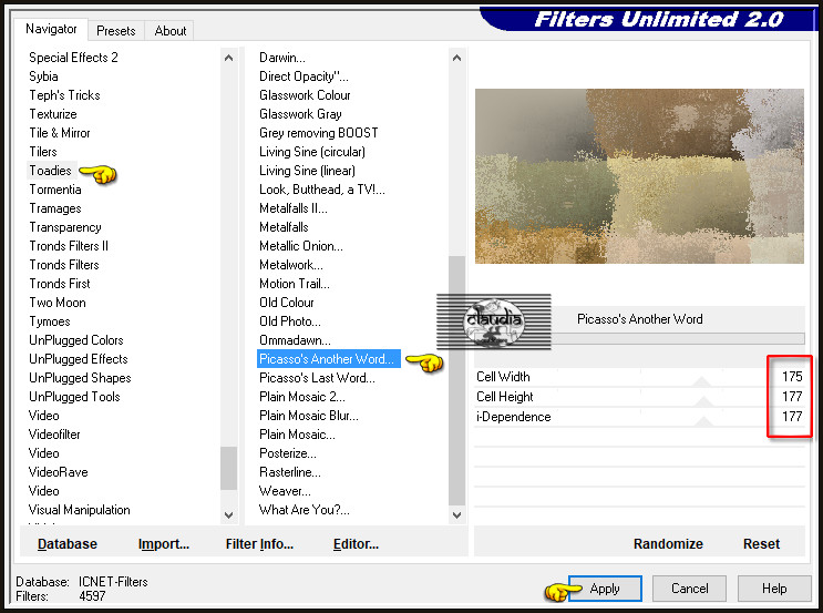 Effecten - Insteekfilters - <I.C.NET Software> - Filters Unlimited 2.0 - Toadies - Picasso's Another Word