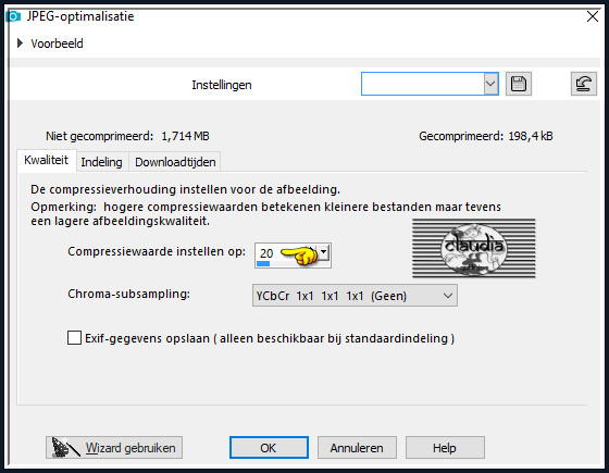 Sla je werkje op als JPEG-formaat met een compressiewaarde van 20 