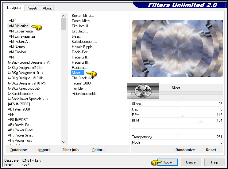 Effecten - Insteekfilters - <I.C.NET Software> - Filters Unlimited 2.0 - VM Distortion - Slicer...
