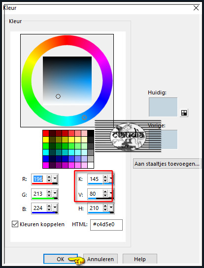 Ga dan naar je veranderde Kleurenpallet en klik met de muis in de Voorgrondkleur en noteer de getallen bij K en V 