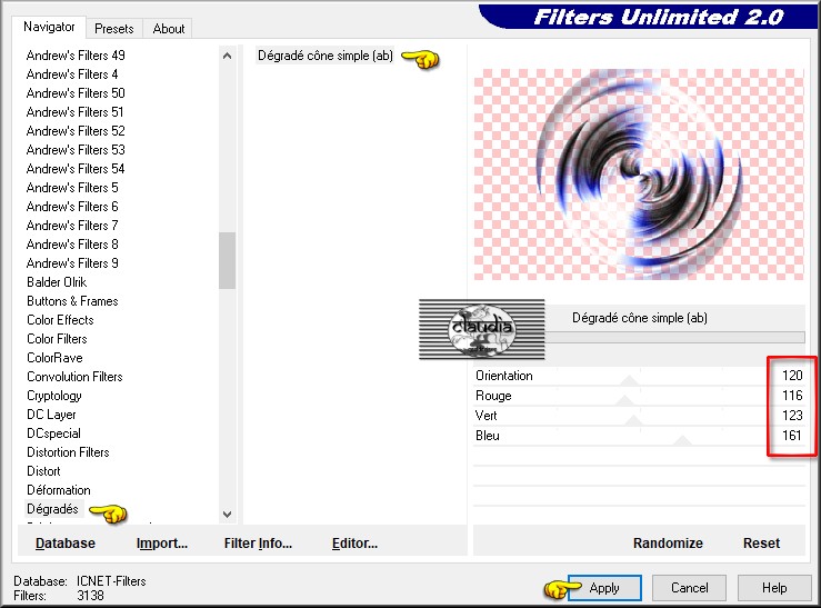 Effecten - Insteekfilters - <I.C.NET Software> - Filters Unlimited 2.0 - Dégradés - Dégradé cône simple (ab)