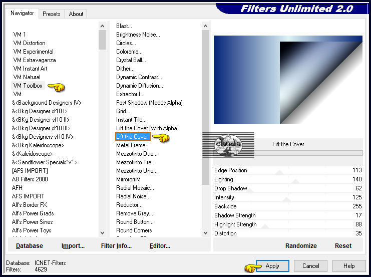 Effecten - Insteekfilters - <I.C.NET Software> - Filters Unlimited 2.0 - VM Toolbox - Lift the Cover :