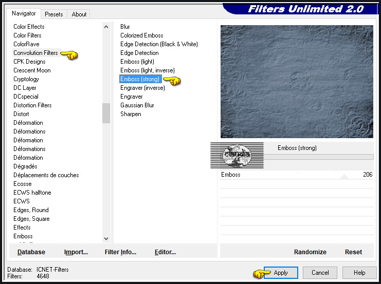 Effecten - Insteekfilters - <I.C.NET Software> - Filters Unlimited 2.0 - Convolution Filters - Emboss (strong) :
