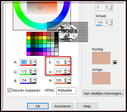 Ga naar het Kleurenpallet en klik met de muis in de Voor-of Achtergrondkleur en noteer de getallen bij K en V en klik op OK