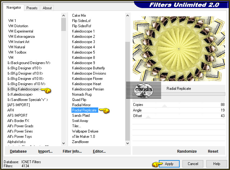 Effecten - Insteekfilters - <I.C.NET Software> - Filters Unlimited 2.0 - &<Bkg Kaleidoscope> - Radial Replicate