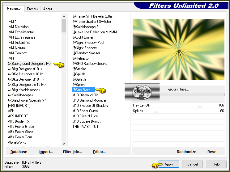 Effecten - Insteekfilters - <I.C.NET Software> - Filters Unlimited 2.0 - &<Background Designers IV> - @Sun Raze