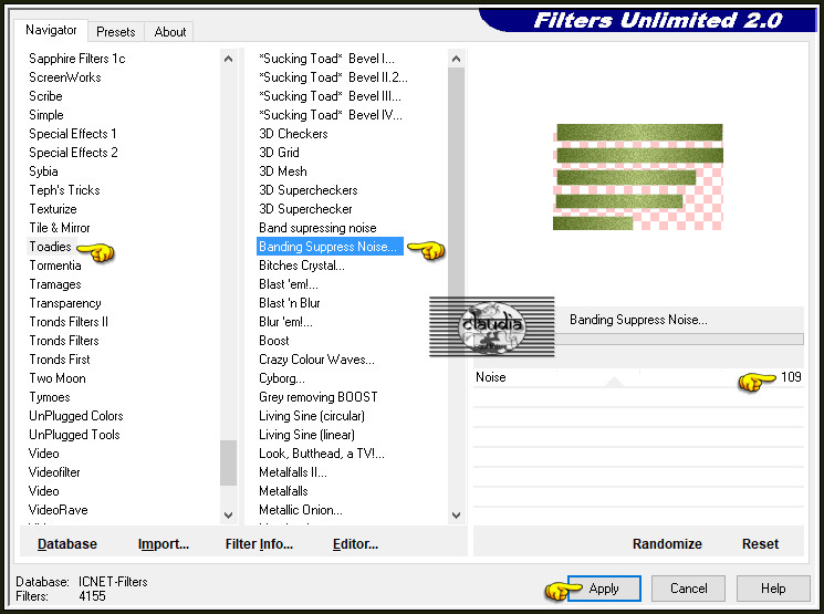 Effecten - Insteekfilters - <I.C.NET Software> - Filters Unlimited 2.0 - Toadies - Banding Suppress Noise