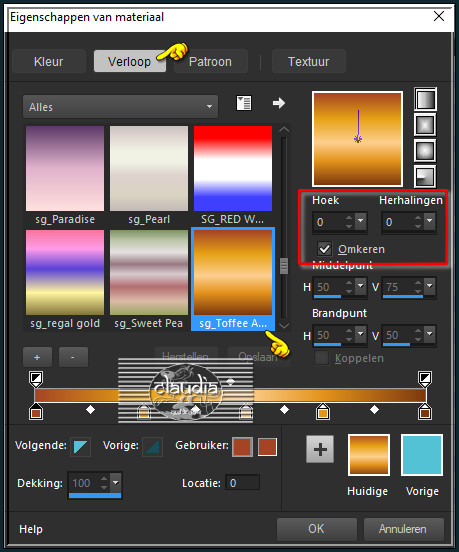 Ga naar het Kleurenpallet en zet de Voorgrondkleur op het Verloop "sg_Toffee Apple" met deze instellingen