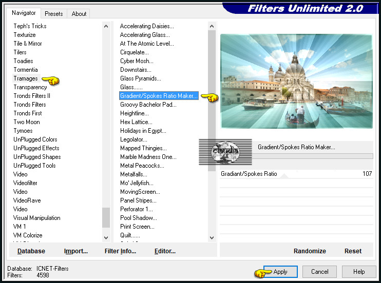 Effecten - Insteekfilters - <I.C.NET Software> - Filters Unlimited 2.0 - Tramages - Gradient / Spokes Ratio Maker...