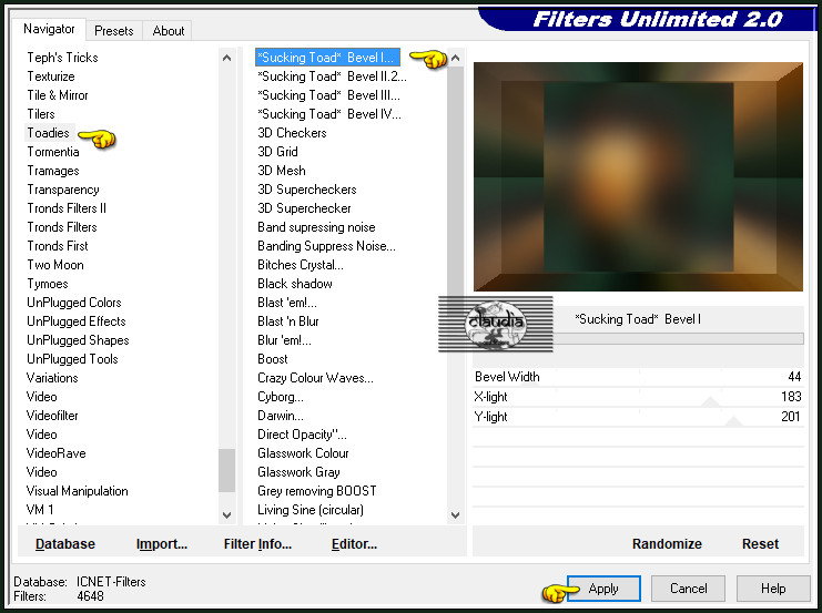 Effecten - Insteekfilters - <I.C.NET Software> - Filters Unlimited 2.0 - Toadies - *Sucking Toad* Bevel I... :