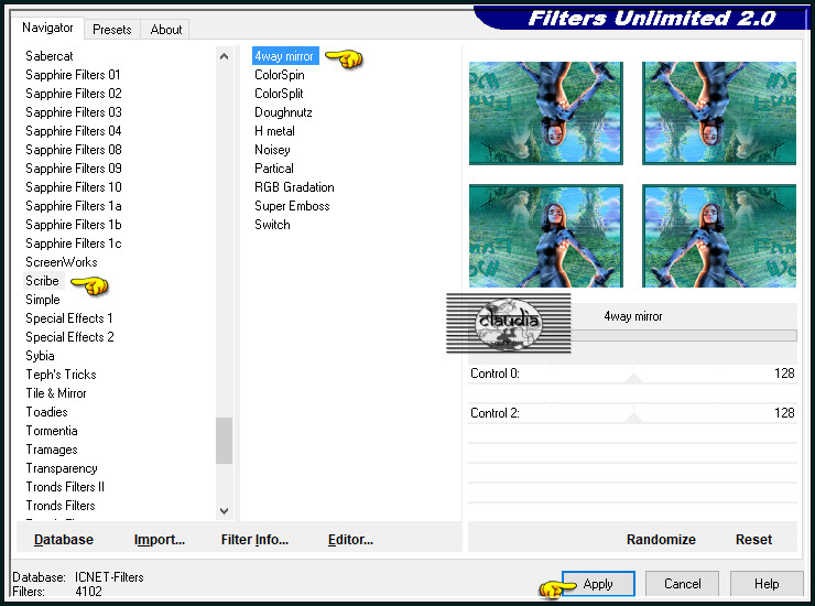 Effecten - Insteekfilters - <I.C.NET Software> - Filters Unlimited 2.0 - Scribe - 4way mirror