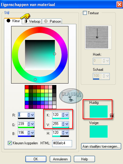 Via Aanpassen - Kleurtoon en verzadiging - Inkleuren, kan je nu het element inkleuren. Gebruik hiervoor de K en V getallen van de Voorgrondkleur 