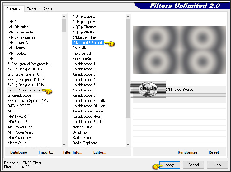 Effecten - Insteekfilters - <I.C.NET Software> - Filters Unlimited 2.0 - &<Bkg Kaleidoscope> @Mirrored & Scaled