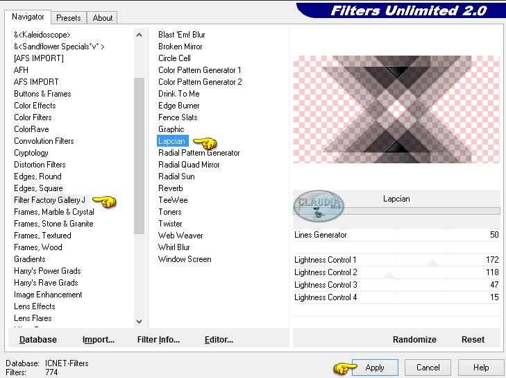 Effecten - Insteekfilters - Filter Factory Gallery J - Lapcian : (deze heb ik moeten importeren in Filters Unlimited)
