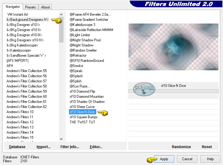 Effecten - Insteekfilters - <I.C. NET Software> - Filters Unlimited 2.0 - &<Background Designers IV> - sf10 Slice N Dice 