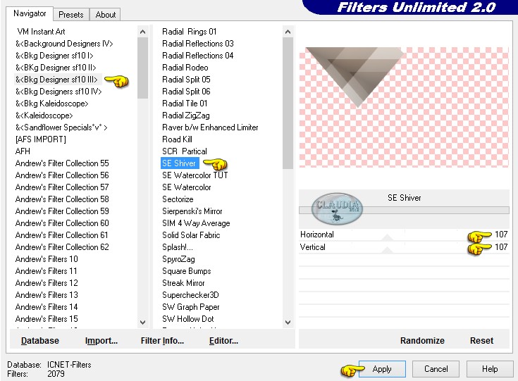 Instellingen filter Bkg Designer sf10 III - SE Shiver