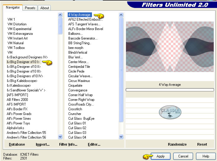 Instellingen filter Filters Unlimited 2.0 - Bkg Designer sf10 I - 4 Way Average 