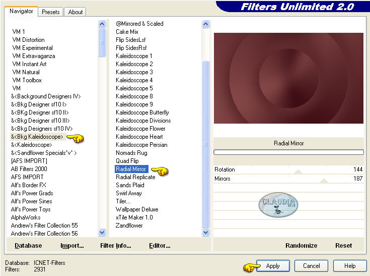 Instellingen filter Filters Unlimited 2.0 - Bkg Kaleidoscope - Radial Mirror