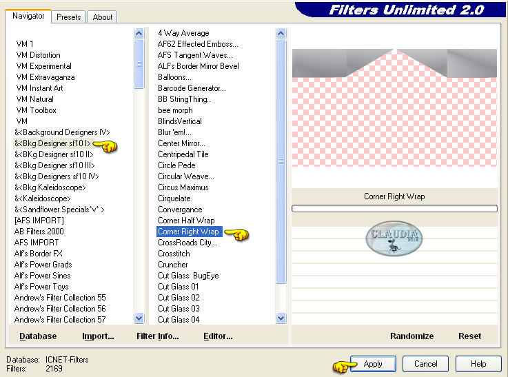 Instellingen filter Filters Unlimited 2.0 - Bkg Designer sf10 I - Corner Right Wrap