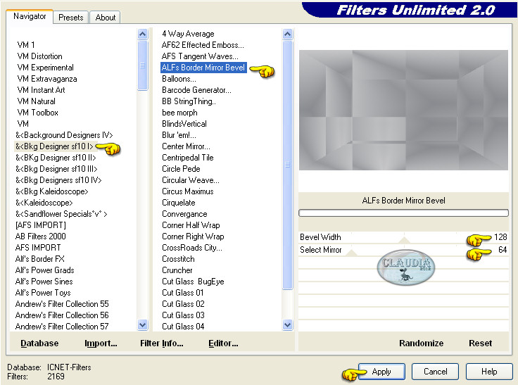 Instellingen filter Filters Unlimited 2.0 - Bkg Designer sf10 I - ALFs Border Mirror Bevel