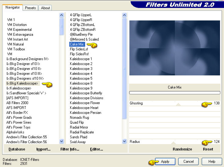 Instellingen filter Filters Unlimited 2.0 - Bkg Kaleidoscope - Cake Mix