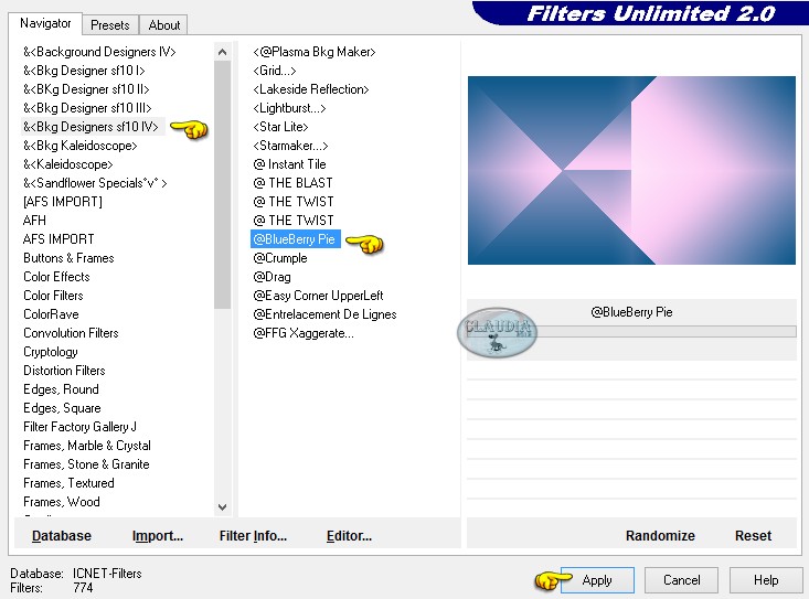 Instellingen filter Bkg Designers sf10 IV - BlueBerry Pie