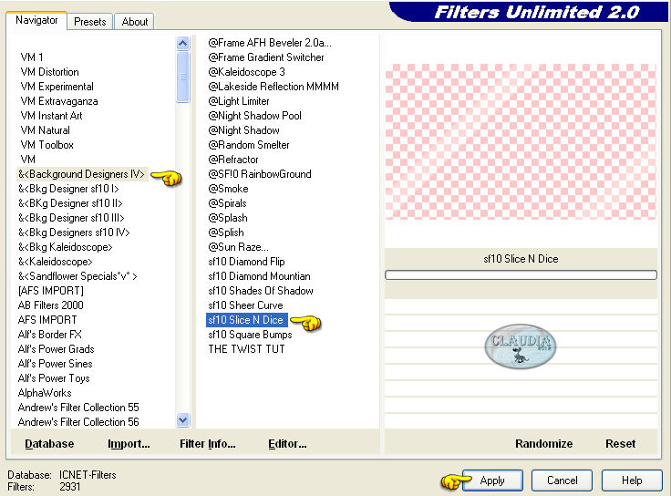 Instellingen filter Filters Unlimited 2.0 - Background Designers IV - sf10 Slice N Dice