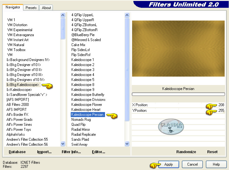 Instellingen filter Filters Unlimited 2.0 - Bkg Kaleidoscope - Kaleidoscope Persian