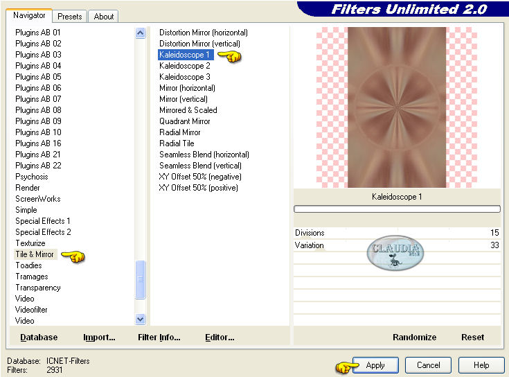 Instellingen filter Filters Unlimited 2.0 - Tile & Mirror - Kaleidoscope 1