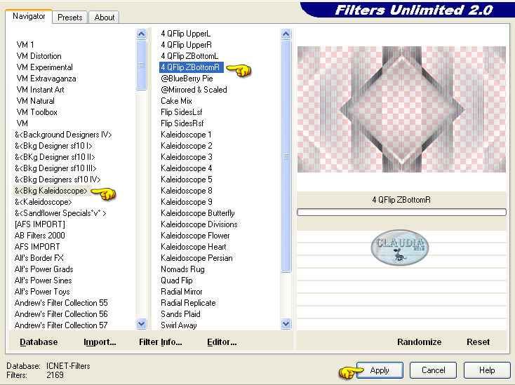 Instellingen filter Filters Unlimited 2.0 - Bkg Kaleidoscope - 4 QFlip ZBottomR