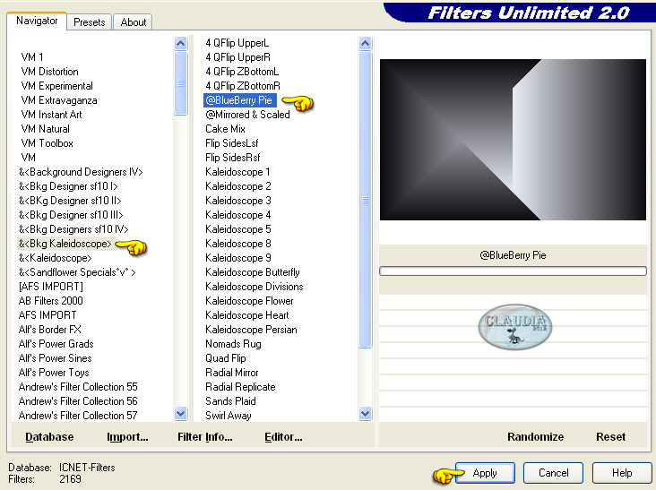 Instelllingen filter Filters Unlimited 2.0 - Bkg Kaleidoscope - Blueberry Pie