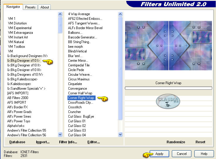 Instellingen filter Filters Unlimited 2.0 - Bkg Designer sf10 I  - Corner Right Wrap