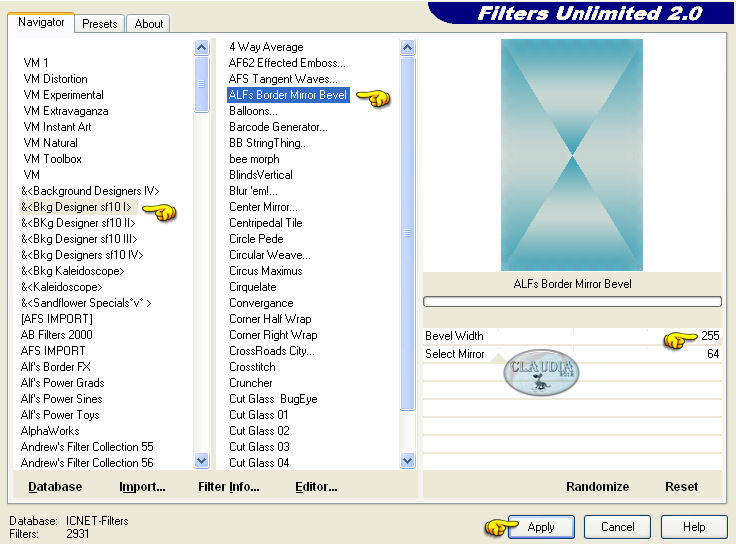 Instellingen filter Filters Unlimited 2.0 - Bkg Designer sf10 I -  ALFs Border Mirror Bevel