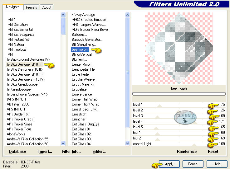 Instellingen filter Filters Unlimited 2.0 - Bkg Designer sf10 I - bee morph