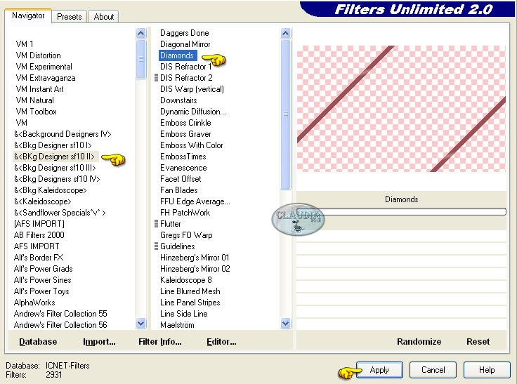 Instellingen filter Filters Unlimited 2.0 - Bkg Designer sf10 I - Diamonds