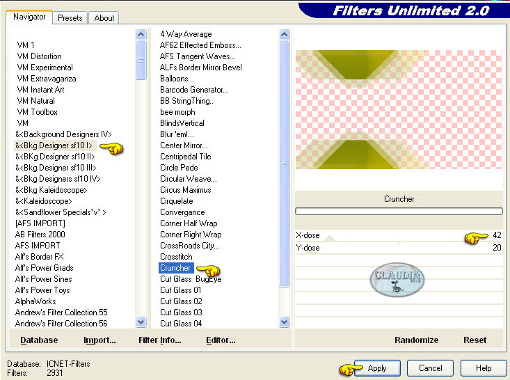 Instellingen filter Filters Unlimited 2.0 - Bkg Designer sf10 I - Cruncher