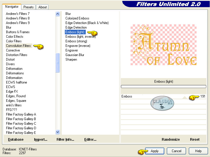 Instellingen filter Filters Unlimited 2.0 - Convolution Filters - Emboss (light)