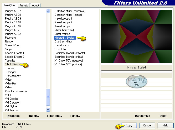 Instellingen filter Filters Unlimited 2.0 - Tile & Mirror