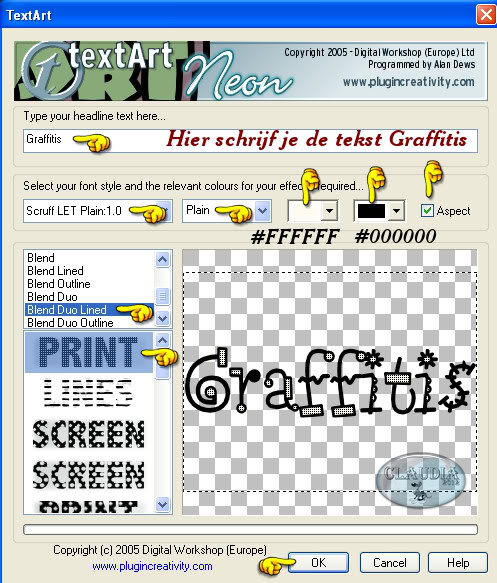 Instellingen filter Creativity - TextArt