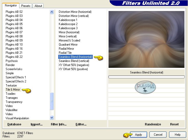 Instellingen filter Filters Unlimited 2.0 - Tile & Mirror - Seamless Blend (Horizontal)