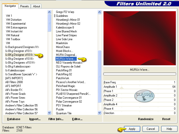 Instellingen filter Filters Unlimited 2.0 - Bkg Designer sf 10 II - MURUs Wave