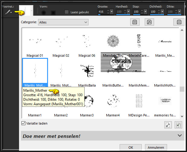 Activeer het "Penseelgereedschap" en zoek de Brushe "MarilisMother" met deze instellingen :