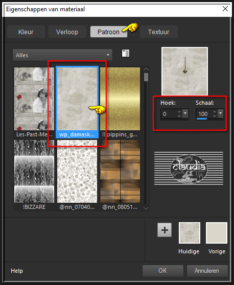Klik daarna op het tabblad "Patroon" en zoek het Patroon "wp_damask_017" met deze instellingen