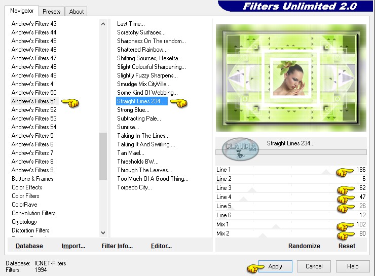 Instellingen filter Andrew's Filter 51 - Straight Lines 234