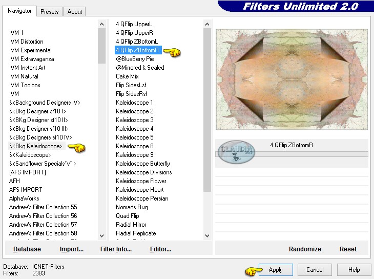 Instellingen filter : Filters Unlimited 2.0 - &<Bkg Kaleidoscope> - 4QFlip ZBottomR