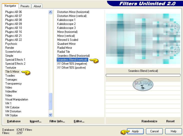 Instellingen filter Filters Unlimited 2.0 - Tile & Mirror - Seamless Blend (vertical)