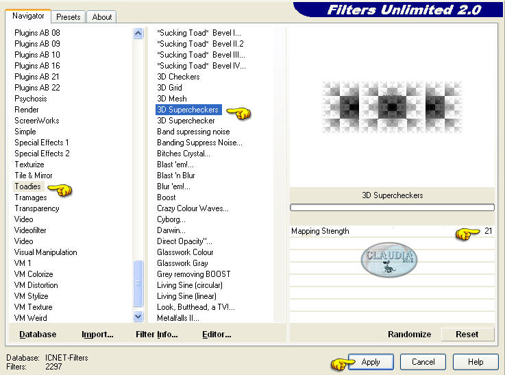 Instellingen filter Filters Unlimited 2.0 - Toadies - 3D Supercheckers